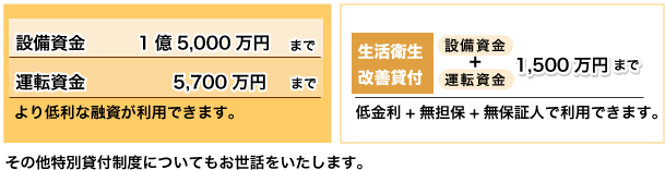 設備資金1億5,000万円まで／運転資金 5,700万円まで、より低利な融資が利用できます。【生活衛生改善貸付】(設備資金+運転資金)1,500万円まで　低金利+無担保+無保証人で利用できます。【その他】その他特別貸付制度についてもお世話致します。